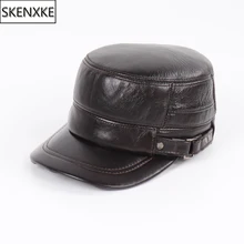 Новые мужские натуральные кожаные военные шапки осенне-зимние мужские кожаные Кепки из натуральной овчины теплая плоская шляпа шапка-ушанка