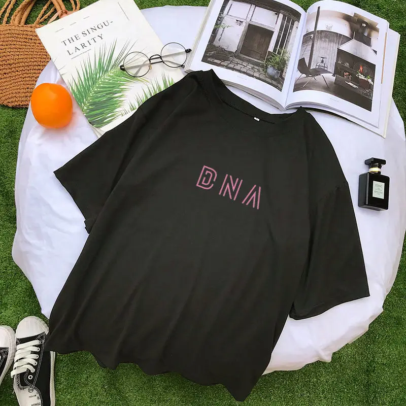 Харудзюку кавайные топы, Футболка женская Корейская Kpop Повседневная DNA футболка уличная Ulzzang Harajuku с буквенным принтом Футболки tumblr рубашка Femme - Цвет: Black