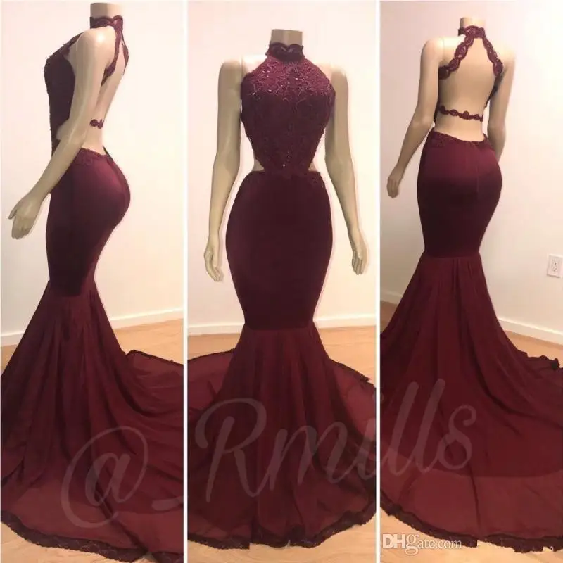 

Elegant Burgundy Mermaid Evening Gowns High Neck Top Lace Sexy Backless Prom Dress Plus Size 2019 Arabic Evening Dress For Sale