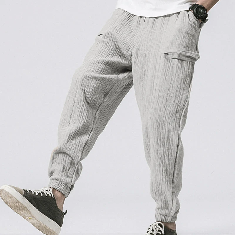

Men Cotton Linen Joggers Casual Solid Color Pants Men's Fitness Trousers Male 2019 Summer Pocket with Streetwear Long Pants