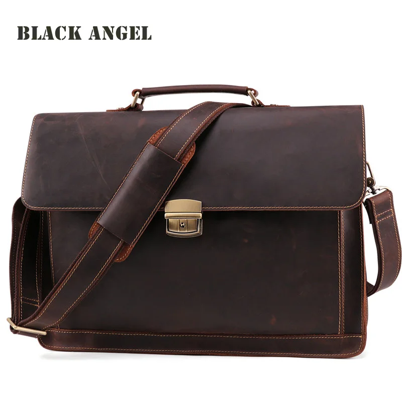 BLACK ANGEL Men genuine leather briefcases laptop bags business men handbags Vintage shoulder messenger bags for men