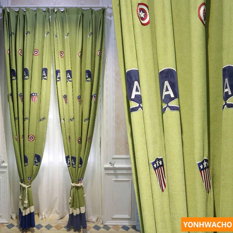 

Custom curtains Chevron Patch Embroidery Simple modern children's room Cartoon green cloth blackout curtain tulle drapes N618