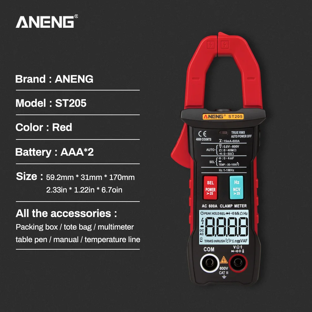 ANENG ST205 Digital Clamp Meter Analog Multimeter Current Clamp DC/AC Intelligent AUTO range meter with temperature tester