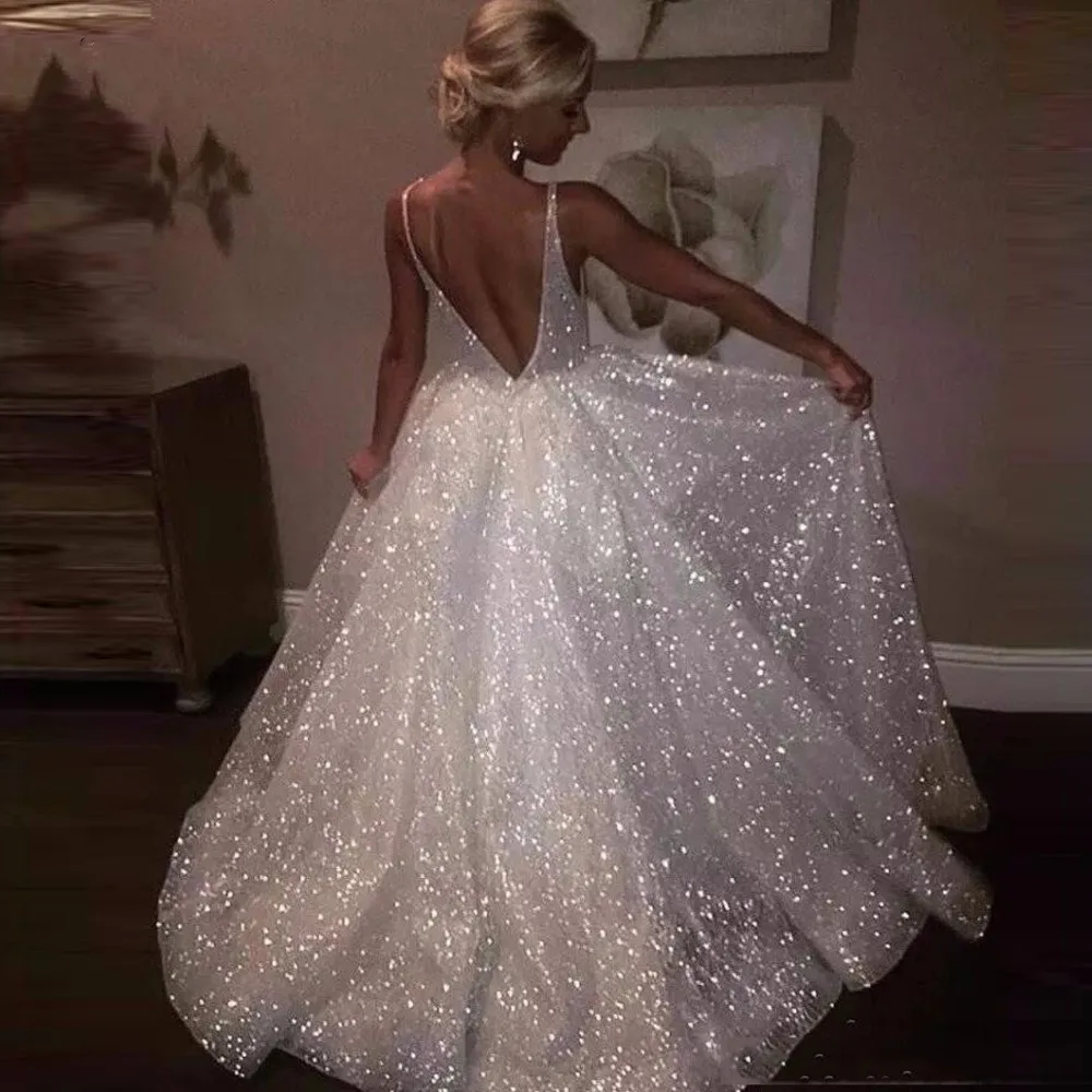 Vestido de festa, длинное вечернее платье для женщин, блестящие белые вечерние платья с блестками, торжественное платье с глубоким v-образным вырезом на спагетти - Цвет: picture color