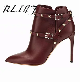 

RLINF New Pointed Ankle Boots High Heel Metal Buckle Rivet Female Short Boots