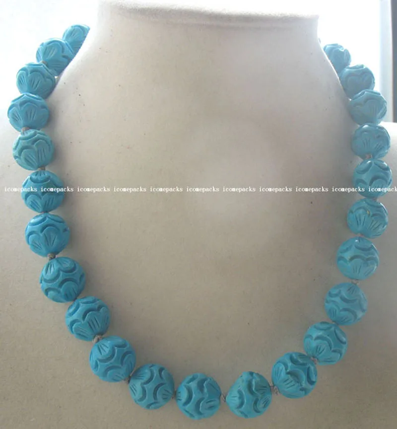 

wholesale 14mm green turquoise round carved necklace 18