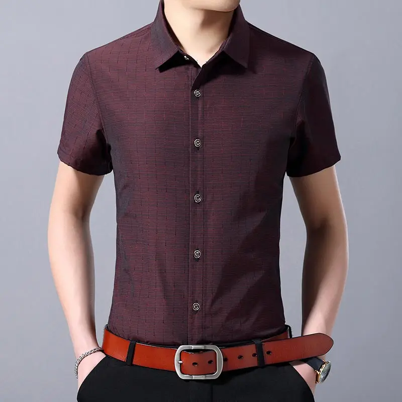 Брендовая Повседневная летняя Роскошная Однотонная рубашка с коротким рукавом, приталенная Мужская рубашка, уличная одежда, платье, рубашки, мужская мода, Джерси 21001 - Цвет: Красный
