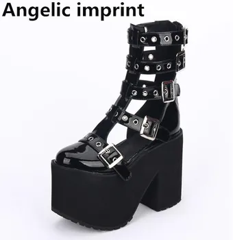 

Angelic imprint mori girl Women punk motorcycle shoe lady lolita ankle Boots woman high trifle heels pumps summer platform shoes