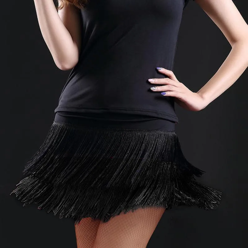 Юбка для латинских танцев, модная женская дизайнерская юбка с двойной бахромой для латинских танцев, платье с бахромой для выступлений, женские юбки для занятий танцами, 8 цветов - Цвет: Black
