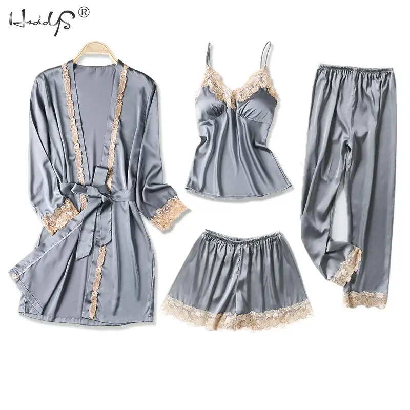 

2019 Women Satin Sleepwear 4 Pieces Pyjamas Sexy Lace Pajamas Sleep Lounge Pijama Silk Night Pyjama Home Clothing Pajama Suit