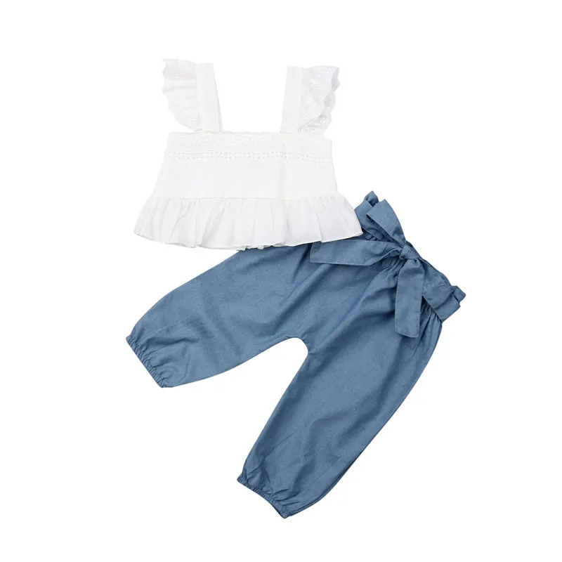Cute Baby Girls Sleeveless Ruffle white cami Tops Vest and Long bowknow blue Pants Newborn Kids sweet Outfit Set | Детская одежда и