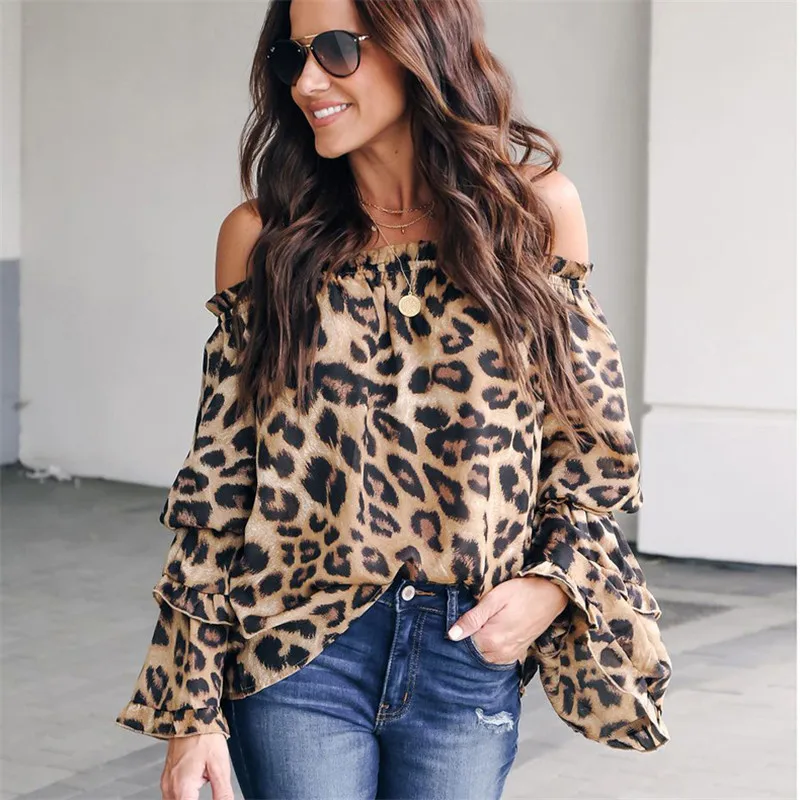 

Ruffle Leopard Blouse Shirt Women Long Flare Sleeve Summer Shirt 2019 Spring Sexy Off Shoulder Beach Blouses Casual Ladies Tops