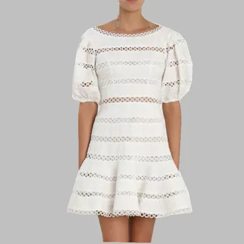 

HAMALIEL White Half Sleeve Ball Gown Women Dress 2019 Spring Runway Lace Patchwork Hollow Out Dress Vintage Bodycon Short Dress