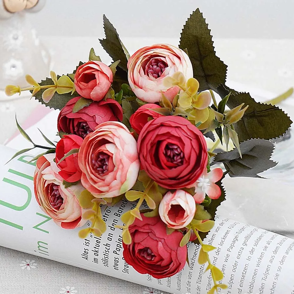 1 букет искусственных цветов дешевые шелковые цветы Европейский осенний небольшой чайный бутон поддельные Листья Свадебные домашние вечерние вазы для украшения