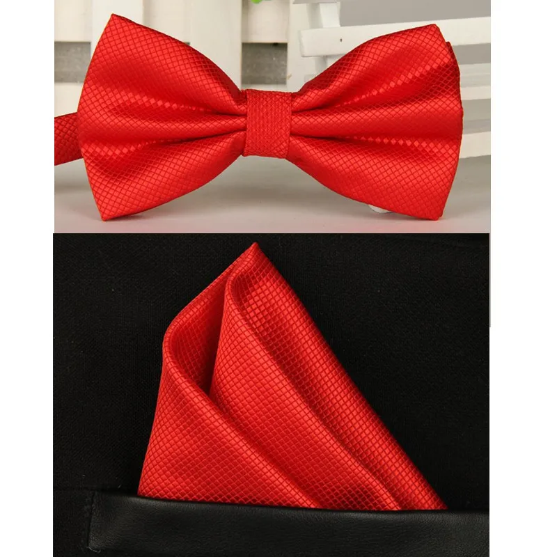 SHENNAIWEI Шелковый однотонный деловой галстук-бабочка для мужчин, винтажный фиолетовый, черный, желтый, серебристый Свадебный галстук-бабочка, карманный квадратный платок, набор, lote - Цвет: red