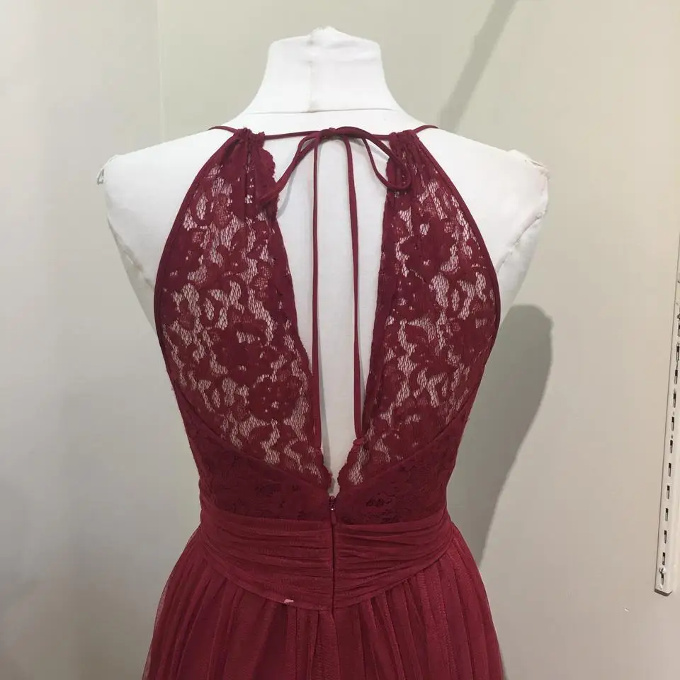 Robe demoiselle d'honneur Бордовые Платья для подружки невесты линия Холтер шеи тюль длинное свадебное платье сексуальная спина кружева Топ