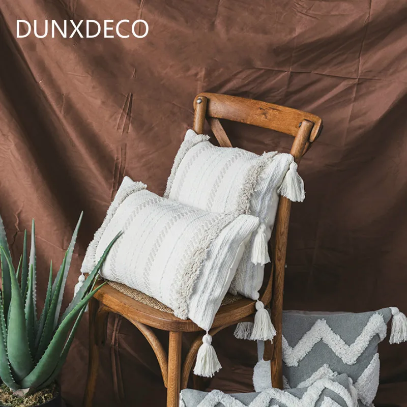 

DUNXDECO Cushion Cover Decorative Tufting Pillow Case Bohemia Luxury Stripe Tassels Modern Home Sofa Chair Bedding Coussin