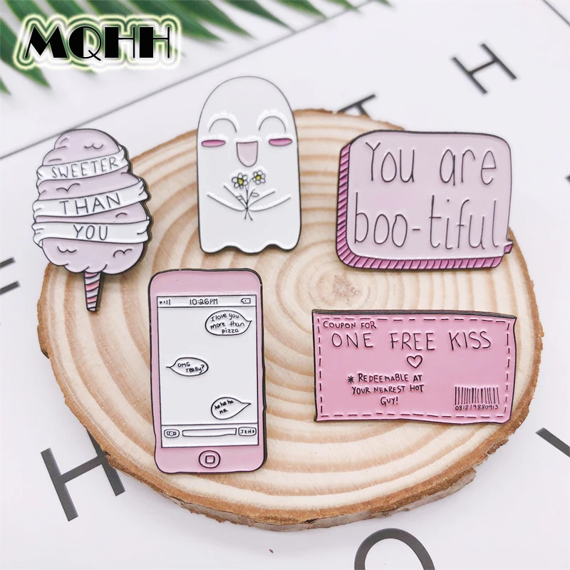 

cartoon pink skeleton ghost marshmallow envelope heart shaped enamel brooch phone model dialog box badge pin sweet cute jewelry