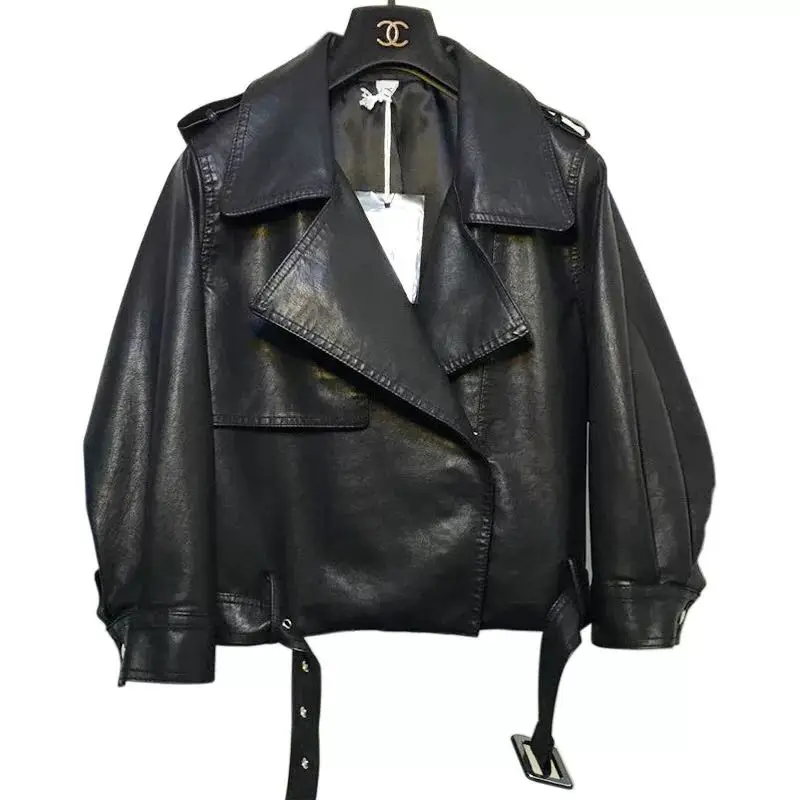 

ZXRYXGS Women Spring Autumn Faux Soft Leather Jacket Casual Loose Punk Leather Coat Female PU Motorcycle Zipper Bomber Overcoat