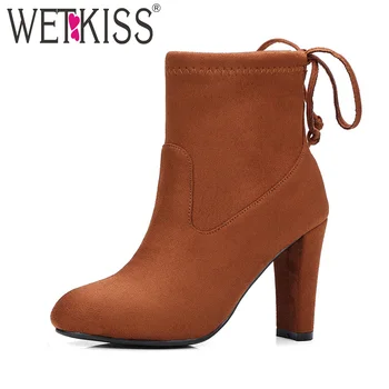 

WETKISS Latest Fashion 9 Colors Woman Ankle Boot Stretch Flock Round toe High Heels Lady Boot Lace Female Booties Women Shoes