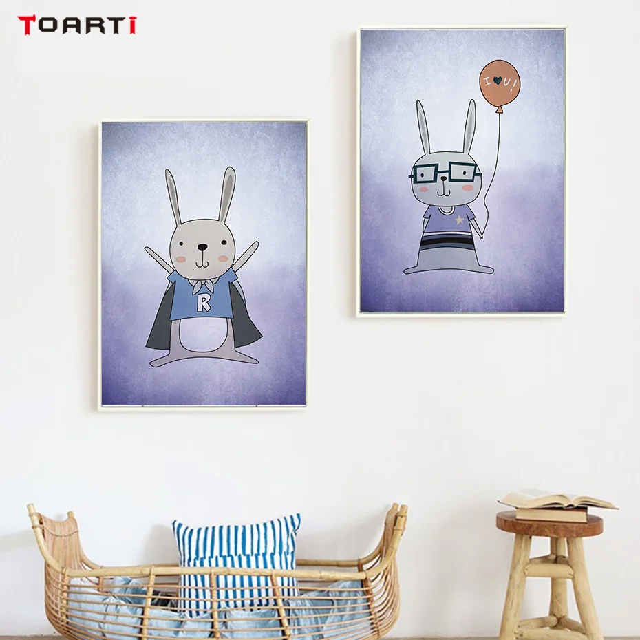 Amiable Rabbit Colorful Cartoon Wall Art Purple Canvas Painting Vintage Posters&Prints Nursery Picture Kids Room Home Decoration (2)