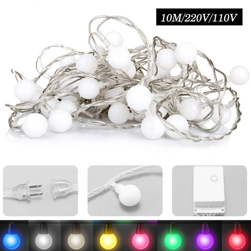 

10M 100LED String Light 220V 110V Ball Led String Light Waterproof holiday light Outdoor Decoration Christmas RGB light 9 colors