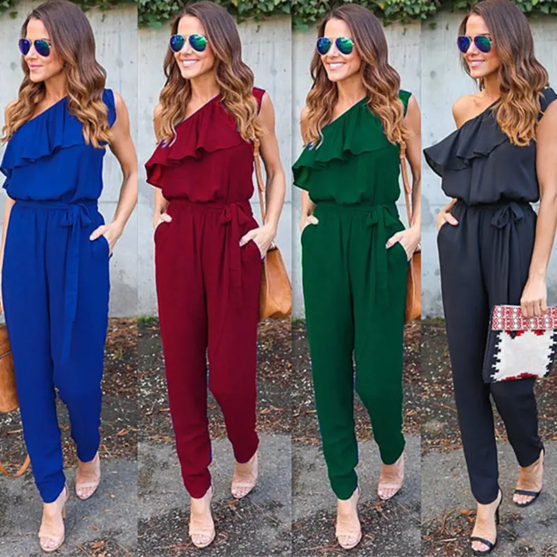 

Sashes Bow Tie Ruffles Sashes High Waist Women Jumpsuit 2019 Summer Chiffon One shoulder off Pockets Sleeveless Sexy Lady Wear