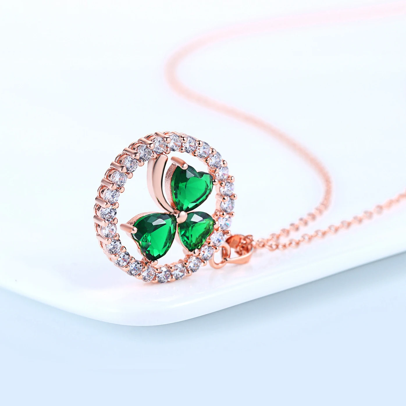 Двойные Уникальные ожерелья и кулоны для женщин в форме сердца, кристалл клевера, розовое золото, кубический циркон, ювелирная цепочка DFN019M