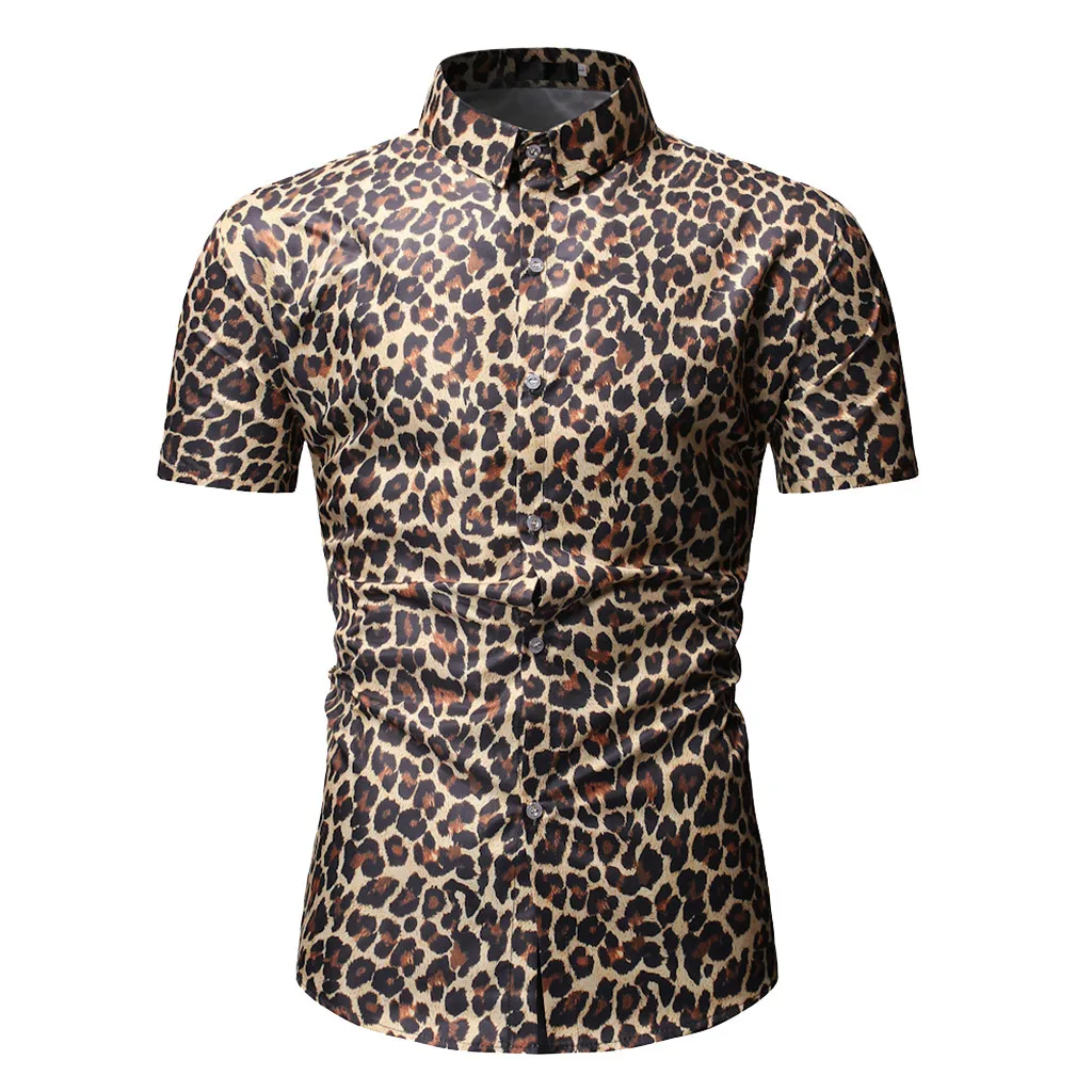 

Fashion Brand Mens Blouse Summer Short Sleeve Stripe Leopard Print Large Size Casual Top Blouse Men Clothing camisas de hombre