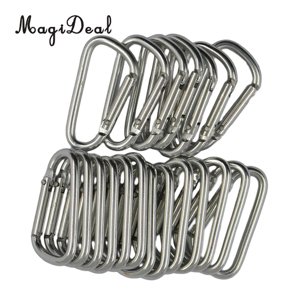 MagiDeal 20pcs Climbing Camping D Shape Hiking Carabiner Buckle Snap Spring Clip Hook Keychain Silver for Rock Climbing Access