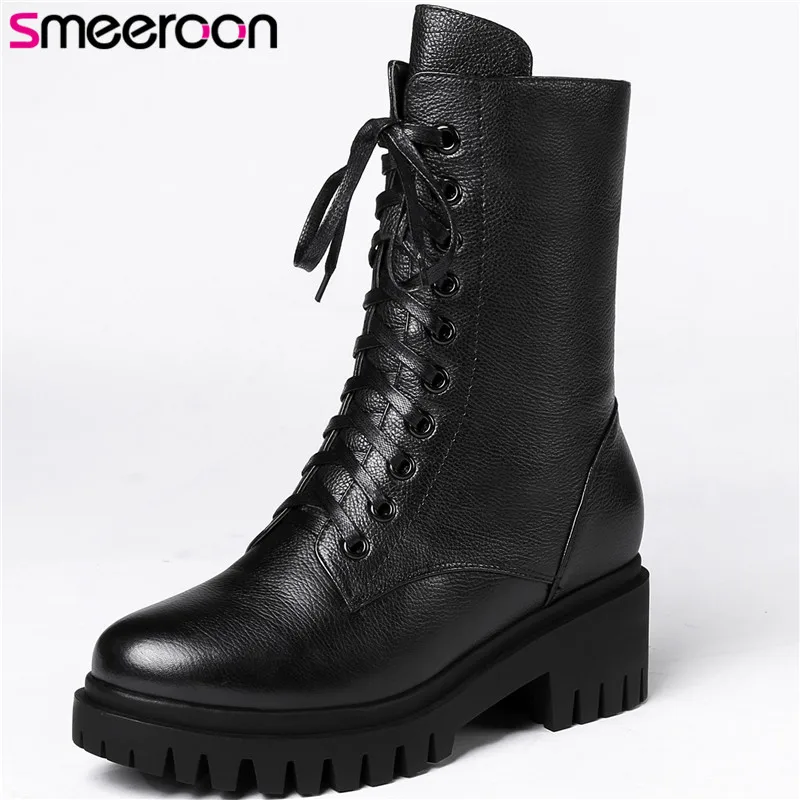 

Smeeroon fashion autumn high quality women high heels zip boots top genuine leather boots ankle boots 2018 new black