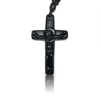

Natural Obsidian Jesus Christ Cross Pendant Necklace Europe Style Jewelry Jesus Cross Pendant With Lucky Chain For Men Women
