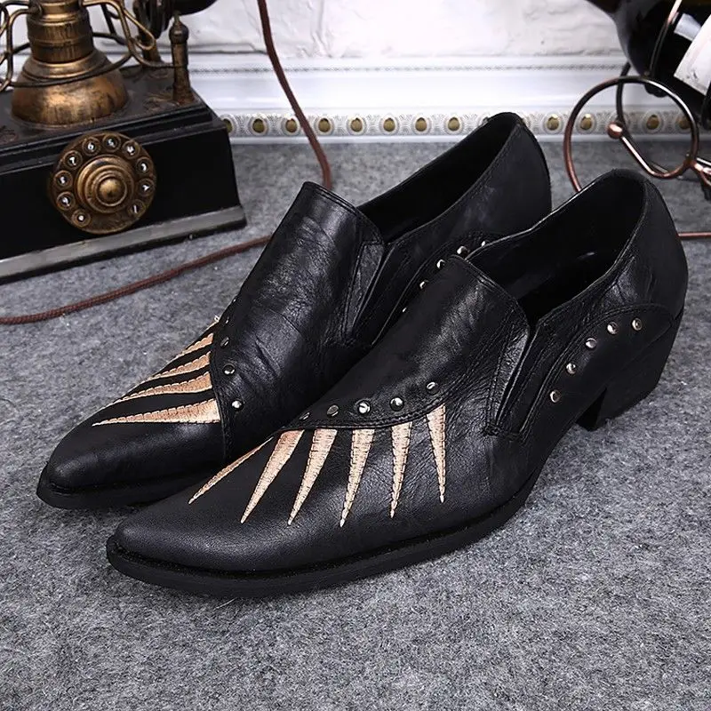 

Plus Size 2016 New Arrival Formal Brand Genuine Leather Flats Pointed Toe Slip on Rivets Rock Punk Party Shoes For Men FPT456