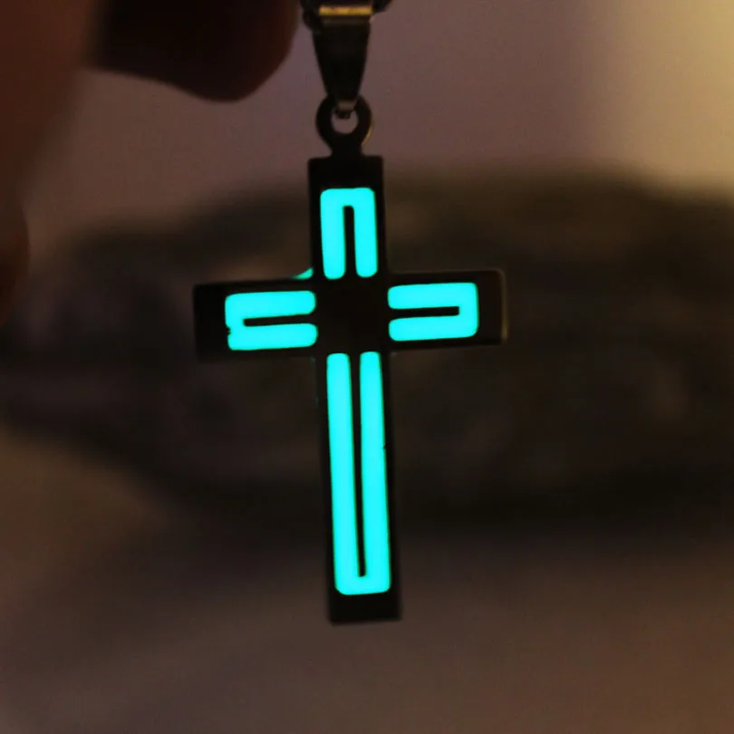 

Glowing Necklace CROSS Necklace Stainless Steel Necklace Cross GLOW In The DARK Night Fluorescent Christmas Gifts Men Women Girl