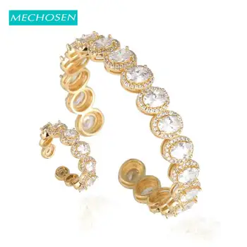 

MECHOSEN LLuxury Geometric Squares Full Zircon Shiny Sleeping Gold Ring Bangle Jewelry Set Women African Bridal Accessories Gift