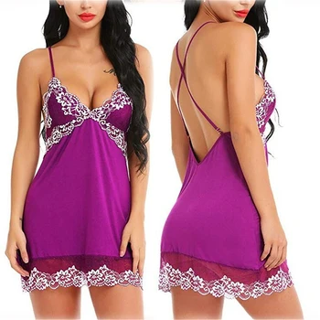

Female Sexy Nightgown Lingerie Backless V-neck Fashion Lace Nightdress Sexy Lingerie Cross Strap Nightwear For Women