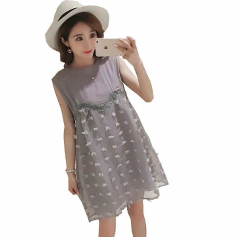 

Glittery Sweet 2018 Maternity clothes Korean Version New Summer Pregnant women Skirt Fashion Net yarn Splice Sleeveless Dress