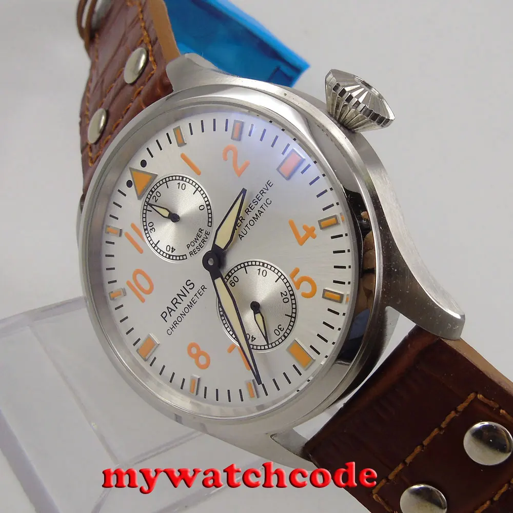 

47mm parnis white dial power reserve deployment clasp ST2542 automatic mens watch P96