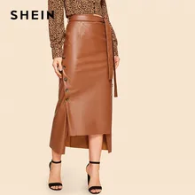 SHE Split Hem Front Double Button Belted Pu Leather Skirt