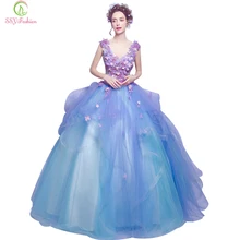 Vestido De Noiva ssyfashion синий цветок аппликации V вырез горловины длинные Бальные платья Банкетная пикантная вечернее платье для сцены