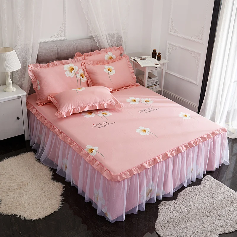 Juego de ropa de cama elegante de lujo de encaje para niñas Boda de Princesa juego de cama king queen 3 uds juego de cama de estampado rosa de color puro|Juegos