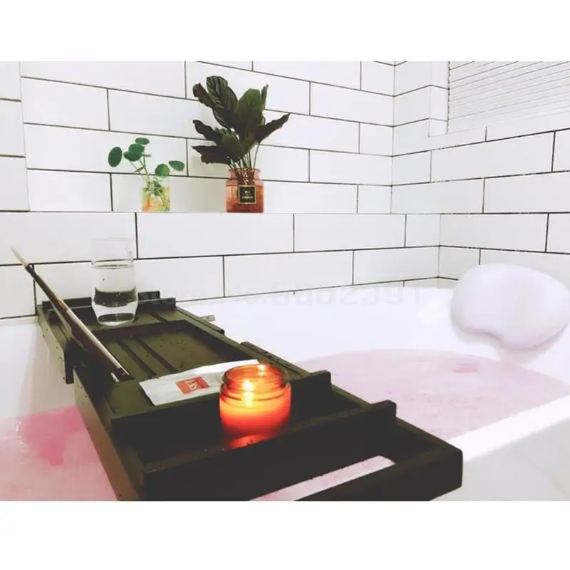 Bathtub Holder Board Telescopic Anti-skid Nanzhu Solid Wood Black-white-pink European Bathtub Holder Ins Bathtub Holder - Цвет: same as picture4