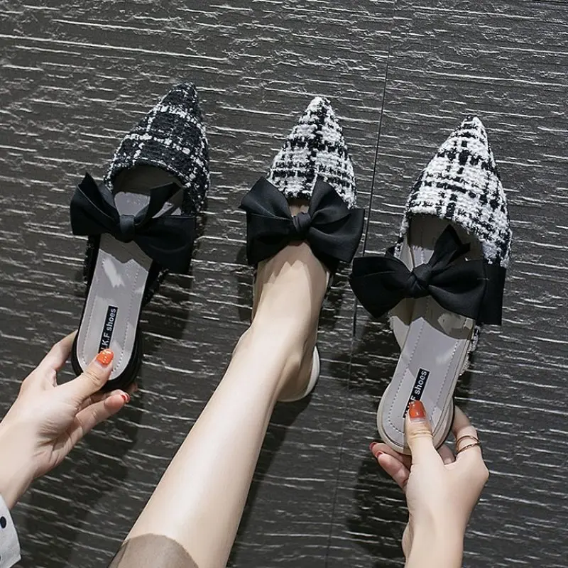 

2019 Summer Women lattice Slippers Bowtie Female Mules Fashion Low Heels Shoe Pointed Toe Plus Size Elegant Woman Slipper