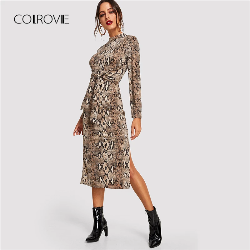 

COLROVIE Mock Neck Snake Print Split Long Sleeve Sexy Dress Women Autumn Streetwear Party Dress Bodycon Casual Midi Dresses