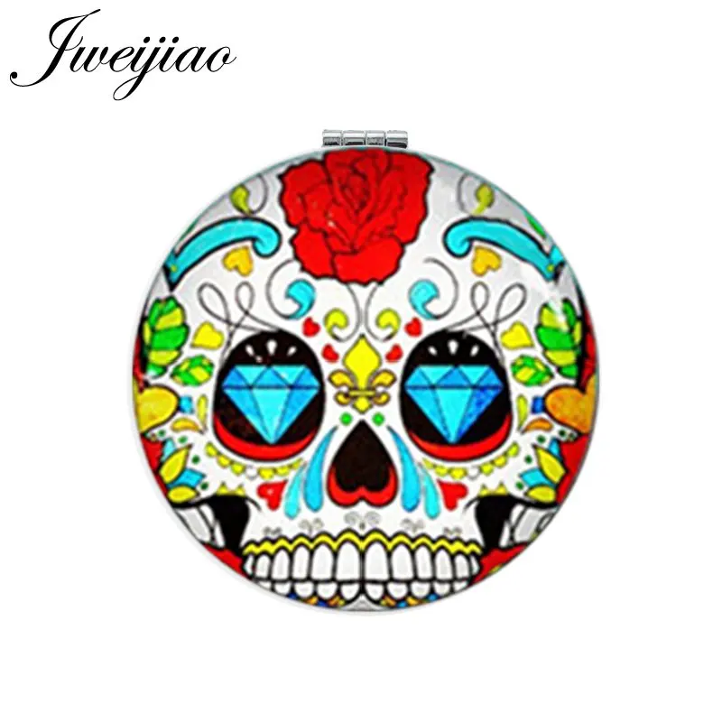

JWEIJIAO Colorful Sugar Skull Round Makeup Mirror Girls Mini Folding Compact Portable 1X/2X Magnifying Pocket Mirror