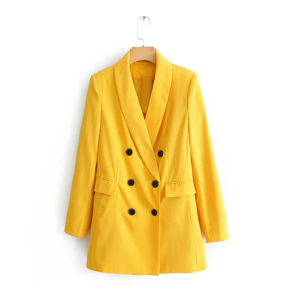 Новинка, Женский блейзер с пуговицами желтого цвета, Винтажный Длинный Костюмный пиджак с зазубренным воротником, пальто, верхняя одежда, 1 комплект