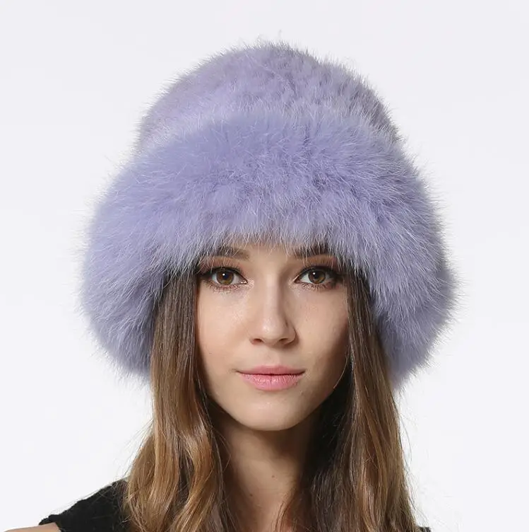 Новинка, женские зимние шапки из натурального меха, вязаные шапки из натурального меха норки с отделкой из меха лисы, модные однотонные шапки LX00831 - Цвет: Sapphire