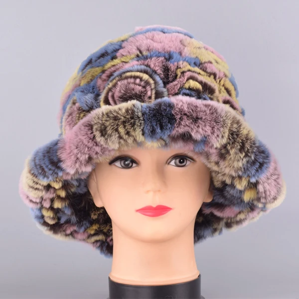 Bucket hats for women winter rabbit fur hat causal warm knitted caps for girls female fashion outdoor large ladies volume hats - Color: Color 01