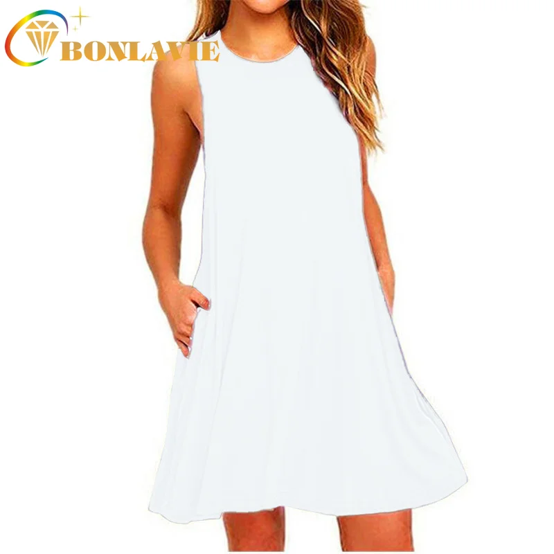

Women Summer Dress O-Neck Knee-Length Sleeveless with Pockets Natural Waist Straight Casual Dress Solid White Gray Green Color