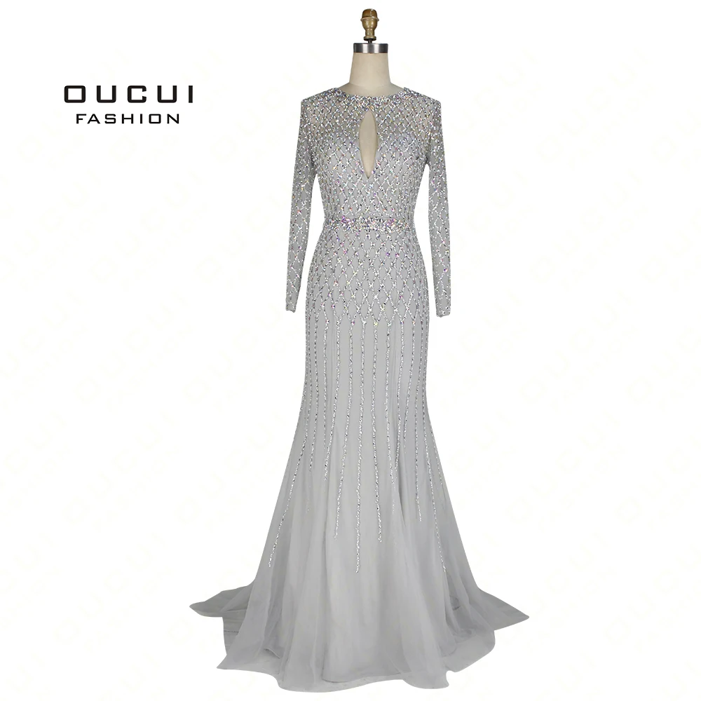 

Real Photos Mermaid Hand Made Full Crystal Beading Long Evening Dress Long Sleeve Backless OL103064
